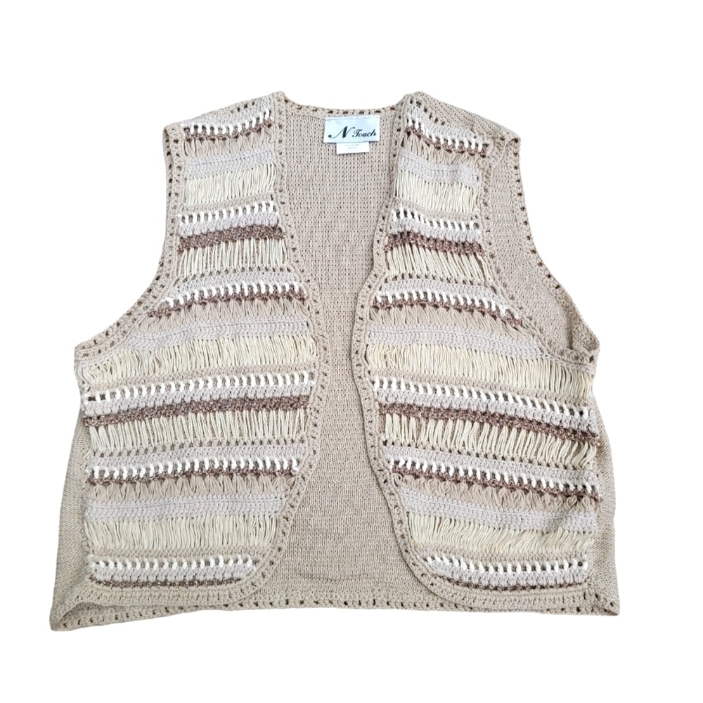 N Touch size large boho knit sweater cardigan vest beige/tan/white RN46032
